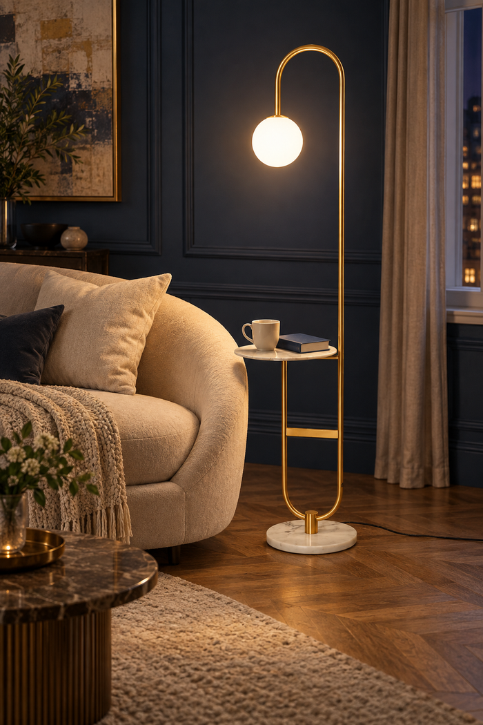 Stehleuchte mit Beistelltisch und Glaskugel – Gold, Tischplatte Marmor. KI-Raumvisualisierung nach Produktreferenz.