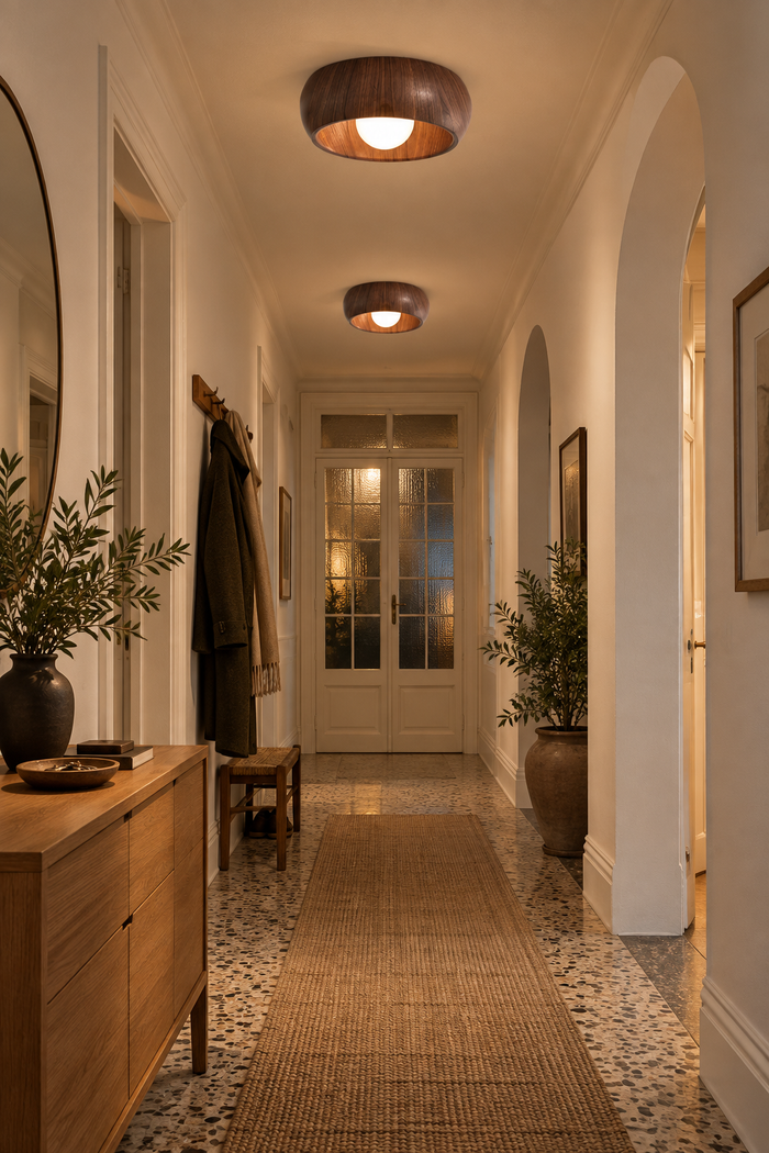 LED-Deckenleuchte in Schalenform mit Holzoptik – Walnuss. KI-Raumvisualisierung nach Produktreferenz.