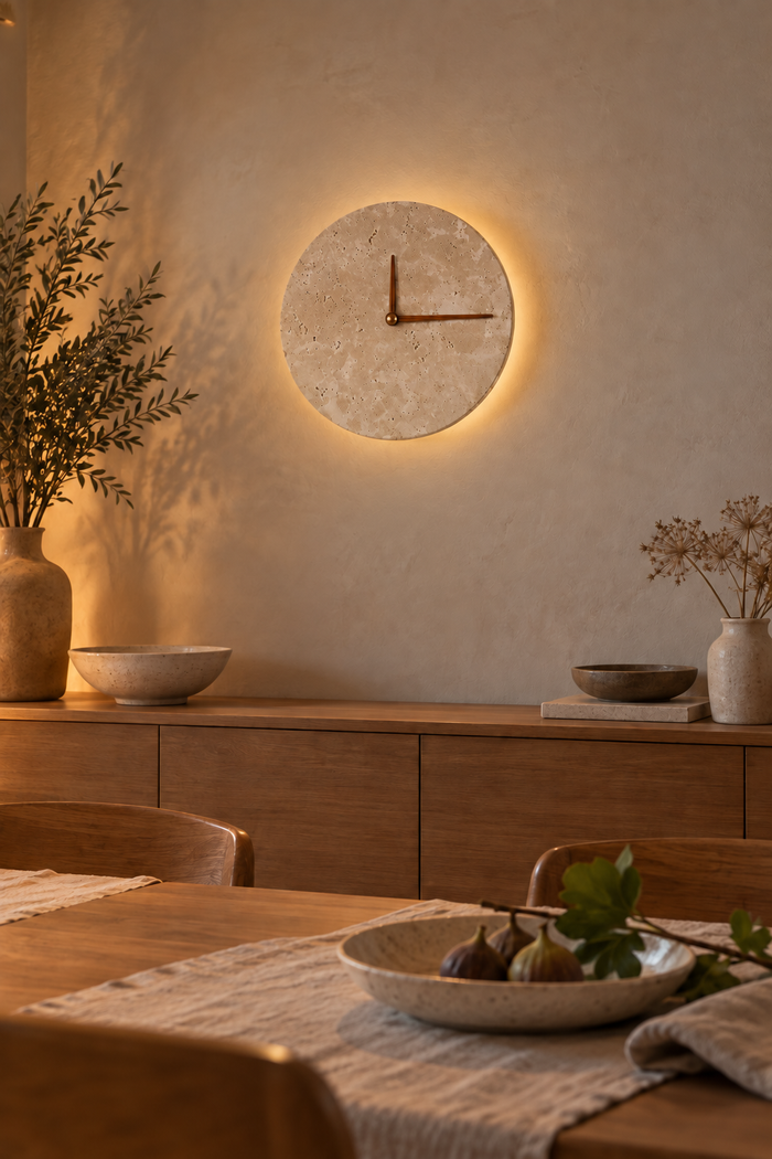 Travertin-Wandleuchte mit zwei dargestellten Uhrzeigern und warmem Lichtkranz über einem Sideboard. KI-Raumvisualisierung.