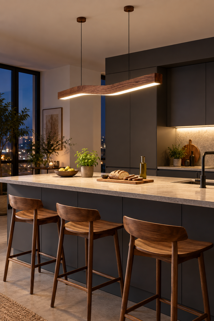 Lineare LED-Pendelleuchte in Holzoptik – Walnussoptik, 120 cm, warmes Licht. KI-Raumvisualisierung nach Produktreferenz.