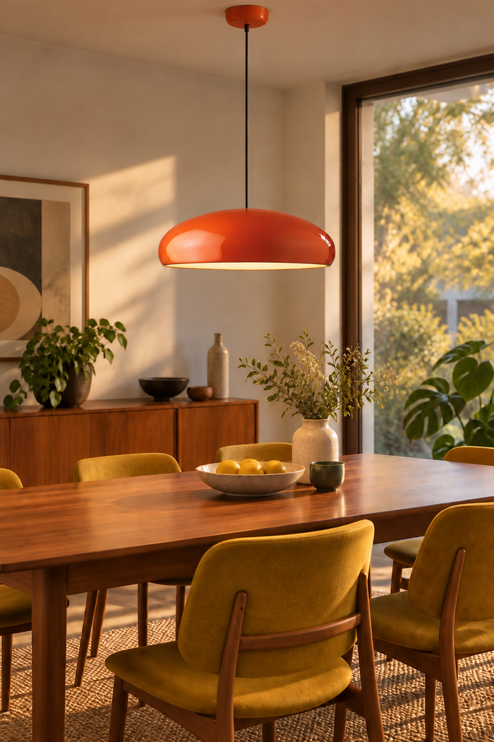 Pendelleuchte in Schalenform aus lackiertem Metall – Orange, Ø 45 cm. KI-Raumvisualisierung nach Produktreferenz.