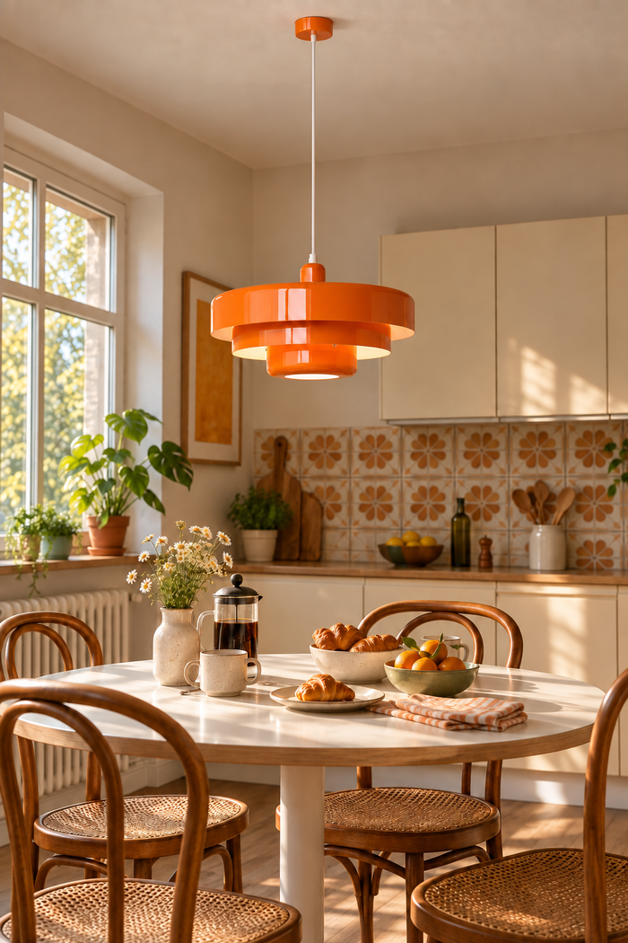 Stufen-Pendelleuchte im Retro-Design – Orange, Ø 35 cm, warmes Licht. KI-Raumvisualisierung nach Produktreferenz.