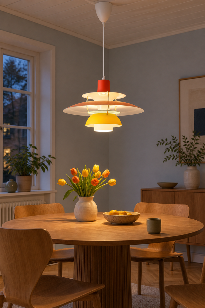 Lamellen-Pendelleuchte im dänischen Design – Mehrfarbige Schirme nach Referenz, Ø 40 cm. KI-Raumvisualisierung nach Produktreferenz.