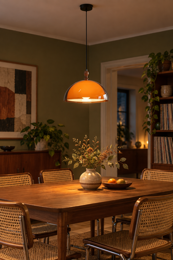 Retro-Pendelleuchte mit orangefarbenem Schirm und Holzdetail – Orange mit Holzdetail und Seilpendel, warmes Licht. KI-Raumvisualisierung nach Produktreferenz.