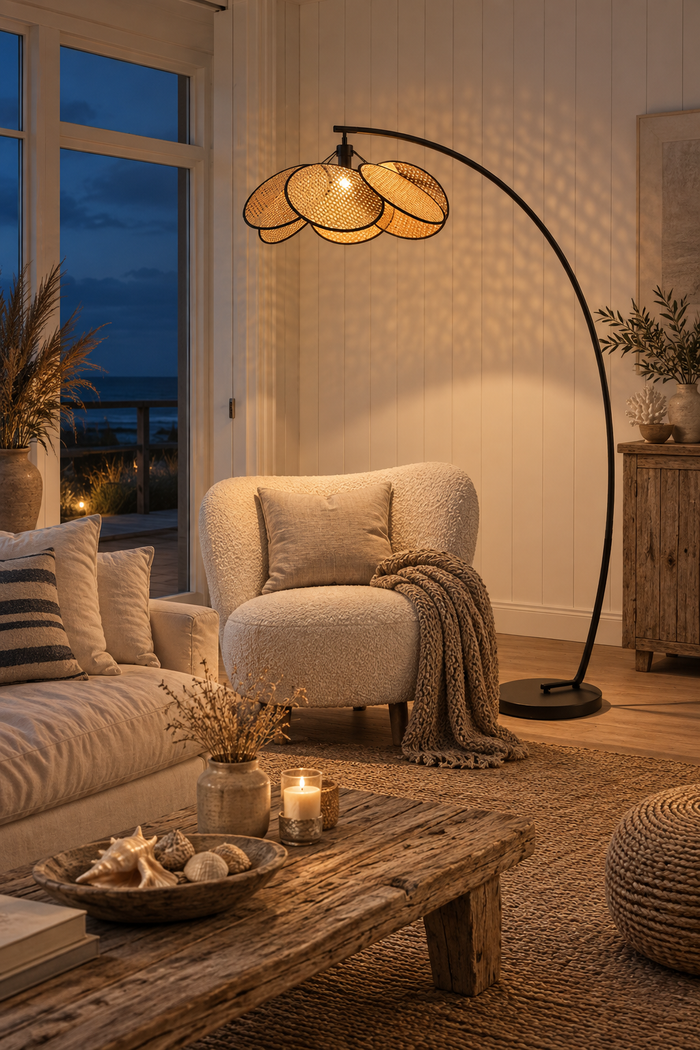 Bogen-Stehleuchte mit Rattan-Blütenschirm – Schwarzer Bogen und Rattan-Blütenschirm. KI-Raumvisualisierung nach Produktreferenz.