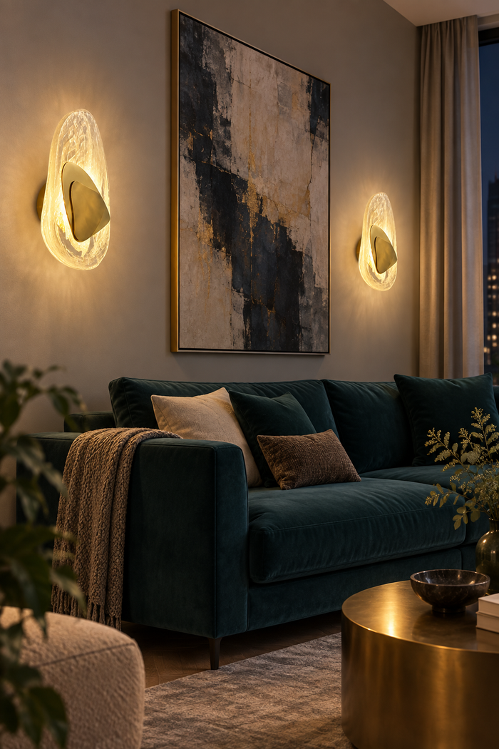 LED-Wandleuchte mit Schirm in Kristalloptik und Metallplatte – Gold, warmes Licht, Zweier-Anordnung als Einrichtungsbeispiel. KI-Raumvisualisierung nach Produktreferenz.