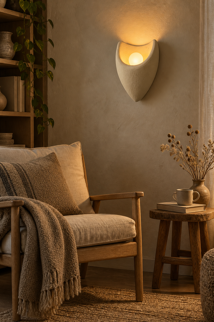 Wabi-Sabi-Wandleuchte in Schalenform – Raue Sandstruktur, warmes Licht. KI-Raumvisualisierung nach Produktreferenz.