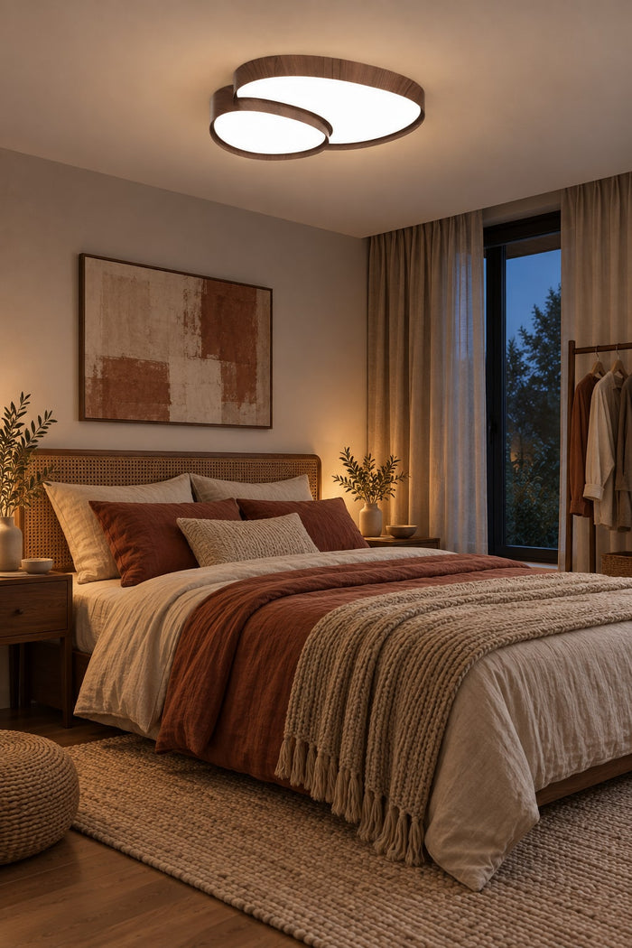 Flache LED-Deckenlampe in Steinform mit Walnuss-Rahmen im Schlafzimmer