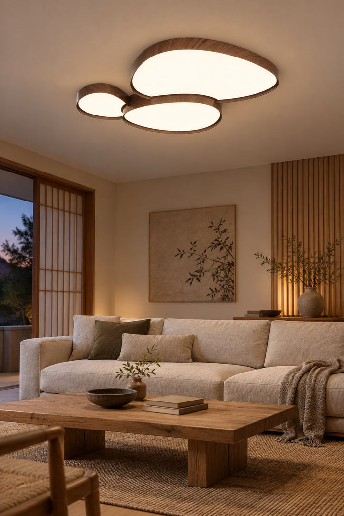 Große LED-Wohnzimmerlampe mit drei Lichtflächen im Japandi-Wohnzimmer