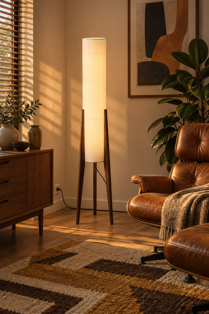 Dreibein-Stehlampe aus Nussbaum mit Stoffzylinder in einer Mid-Century-Ecke