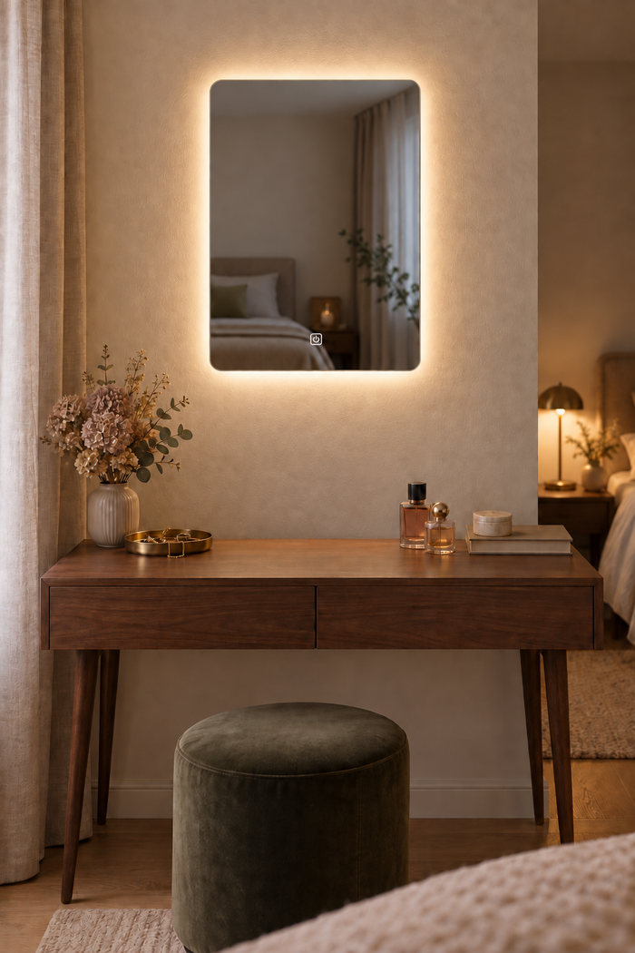Beleuchteter Schminkspiegel 45 × 60 cm mit Touch-Schalter über einem Schminktisch im Schlafzimmer