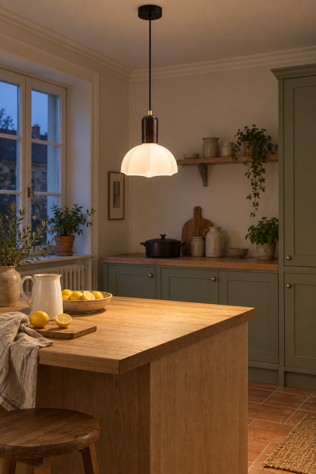 Minimalistische Glas-Pendelleuchte mit Holzgriff für Küche und Esszimmer – Raumansicht