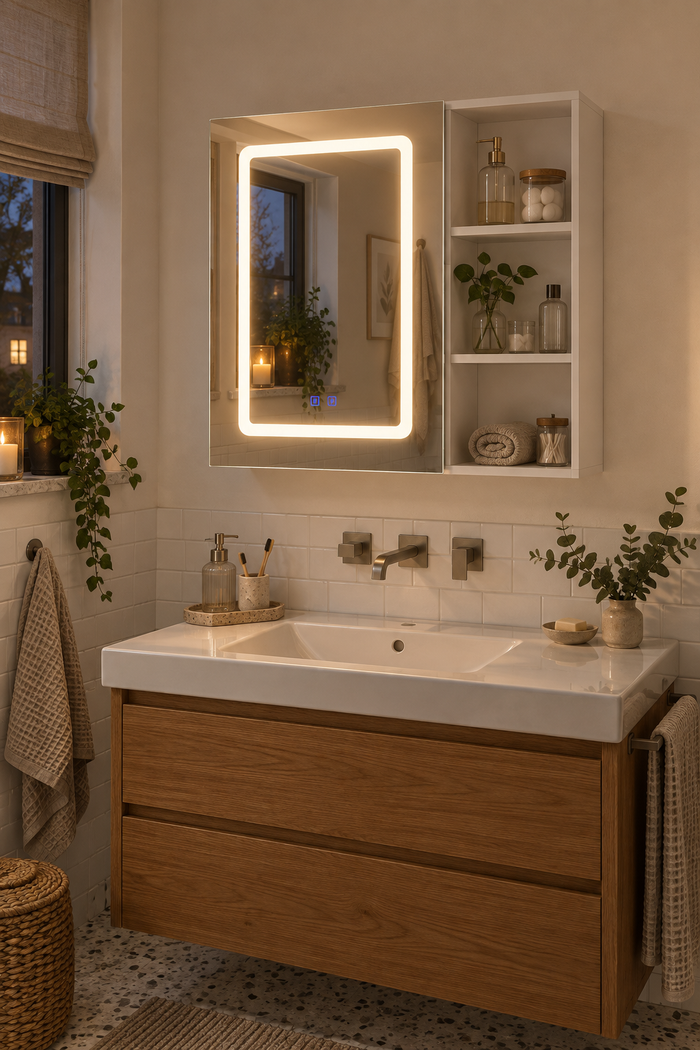 Quadratischer LED-Spiegelschrank, Ausführung 60,2 × 60,2 cm, mit seitlichen Ablagen über einem Waschtisch im Badezimmer