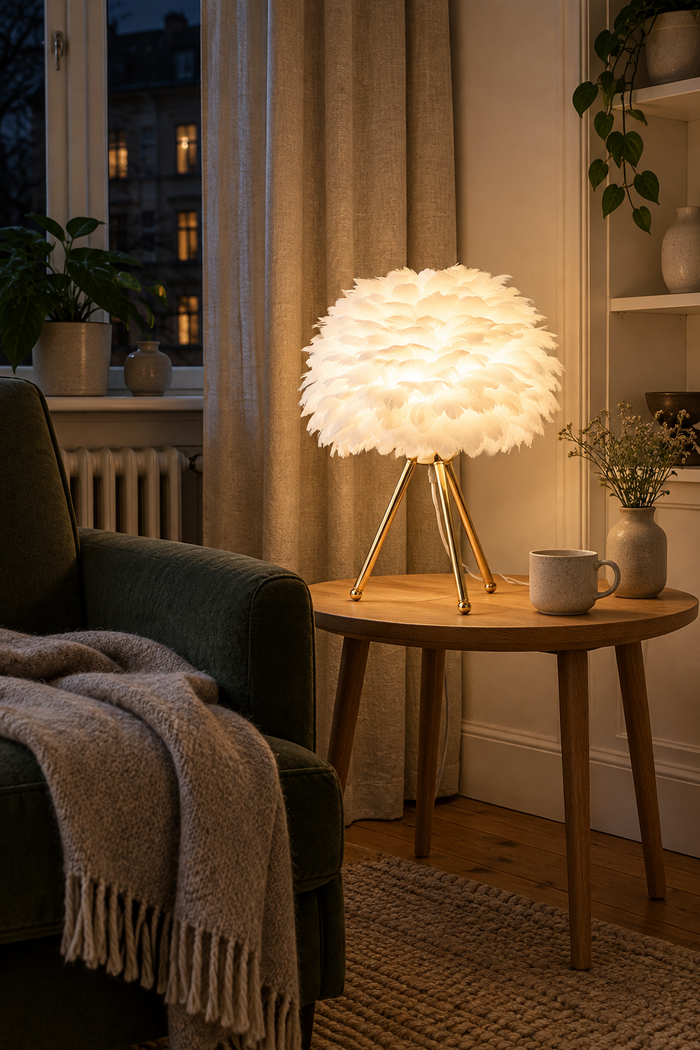 Feder-Stehleuchte im Wabi-Sabi-Stil für Schlafzimmer und Leseecke – Raumansicht