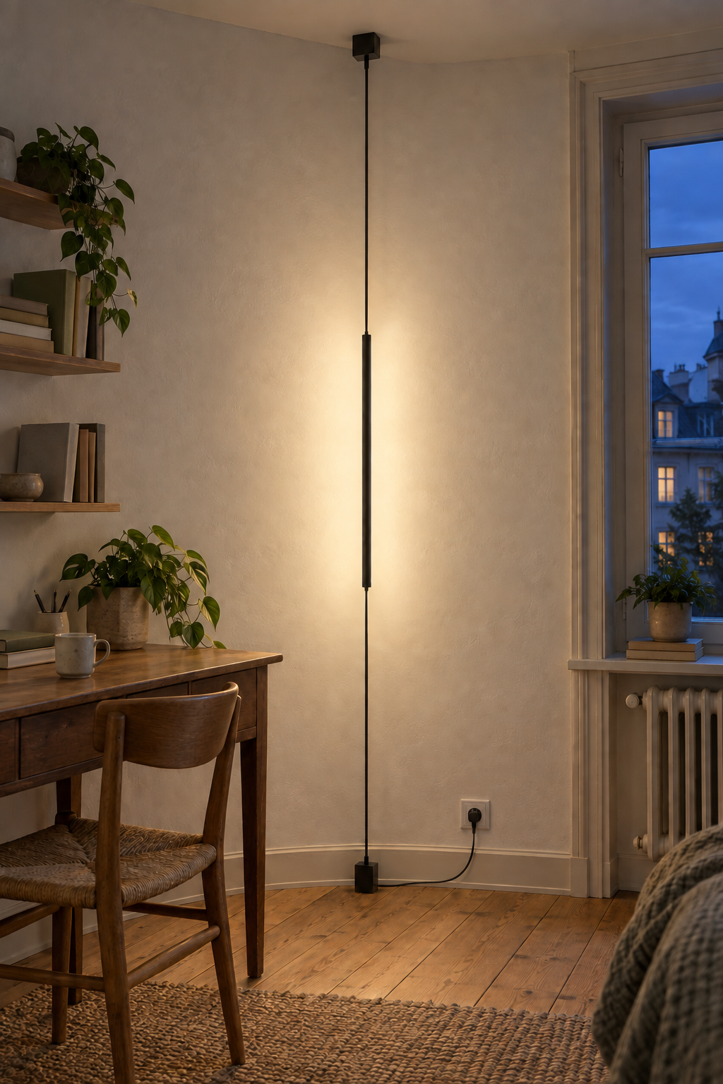 Schwarze LED-Spannleuchte, Ausführung 80 cm mit Stecker und sichtbarer Zuleitung, zwischen Boden und Decke im Wohnraum