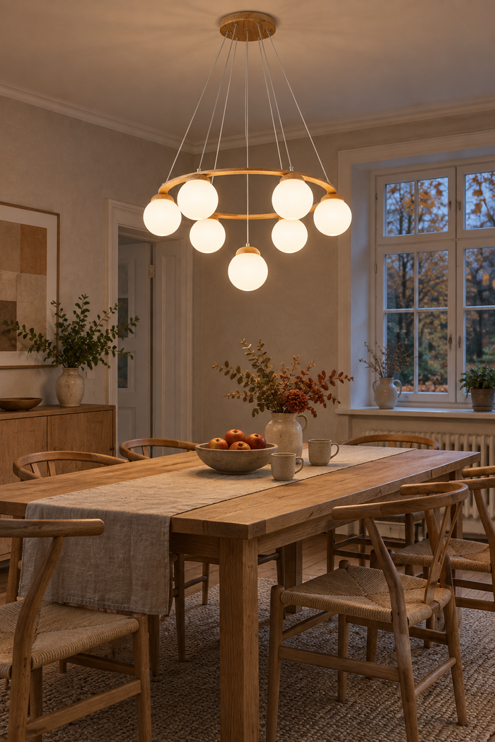 Holz-Pendelleuchte mit Glaskugeln im nordischen Stil für Esstisch und Wohnzimmer – Raumansicht
