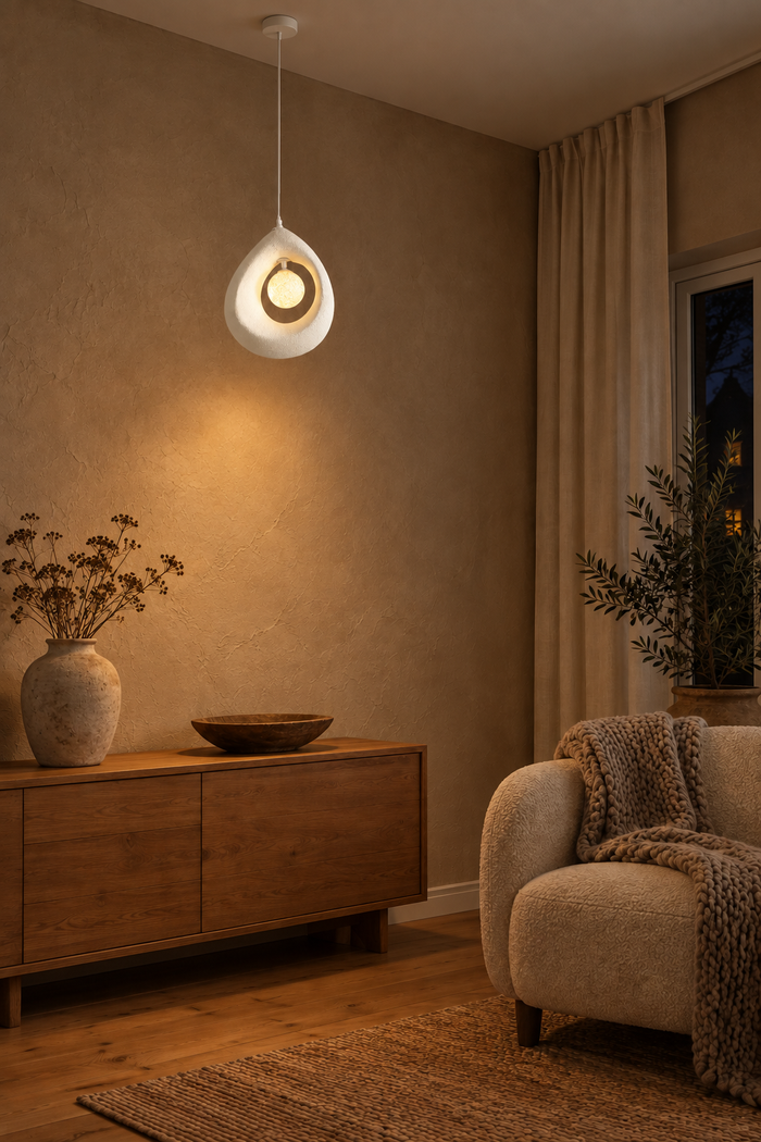 Pendelleuchte in Tropfenform im Wabi-Sabi-Stil für Esstisch und Wohnzimmer – Raumansicht