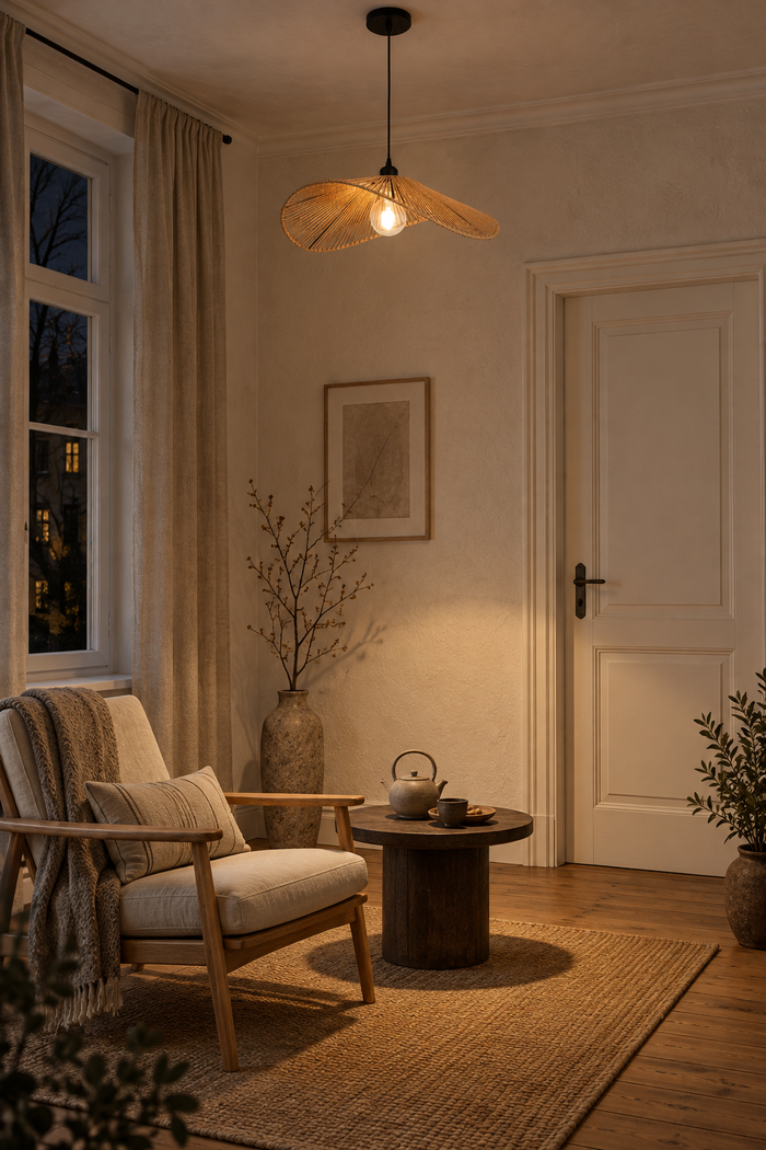 Rattan-Pendelleuchte in Naturhanf-Optik im japanischen Wabi-Sabi-Stil – Raumansicht