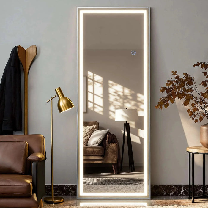 LED-Ganzkörperspiegel 160 × 50 cm – Standspiegel mit drei Lichtfarben und Touch-Bedienung – Weiß
