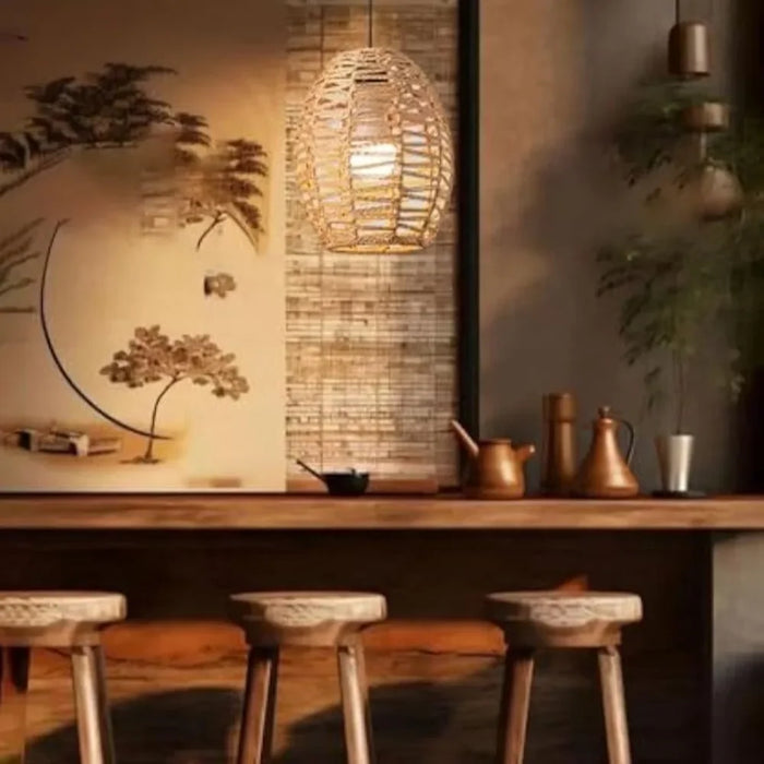 Rattan-Pendelleuchte mit Korbgeflecht im Wabi-Sabi-Stil für das Schlafzimmer – Produktansicht 1