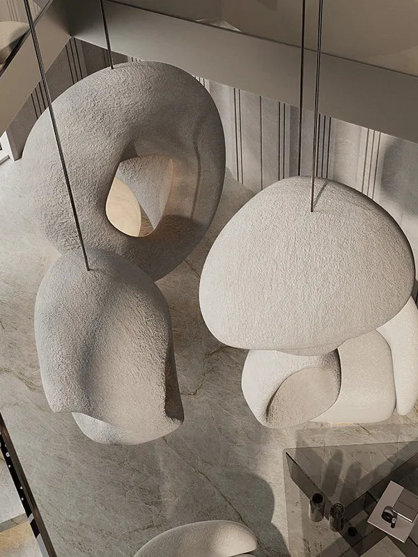 Pendelleuchte aus Kunstharz im Wabi-Sabi-Stil für Wohnzimmer und Esszimmer – Ø 60 oder 70 cm als 4- oder 6-flammiges Set