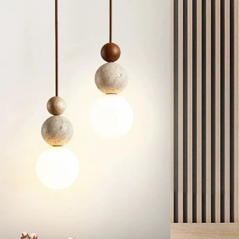 Moderne LED-Pendelleuchte aus Travertin und Holz für Nachttisch und Restaurant – Produktansicht 2