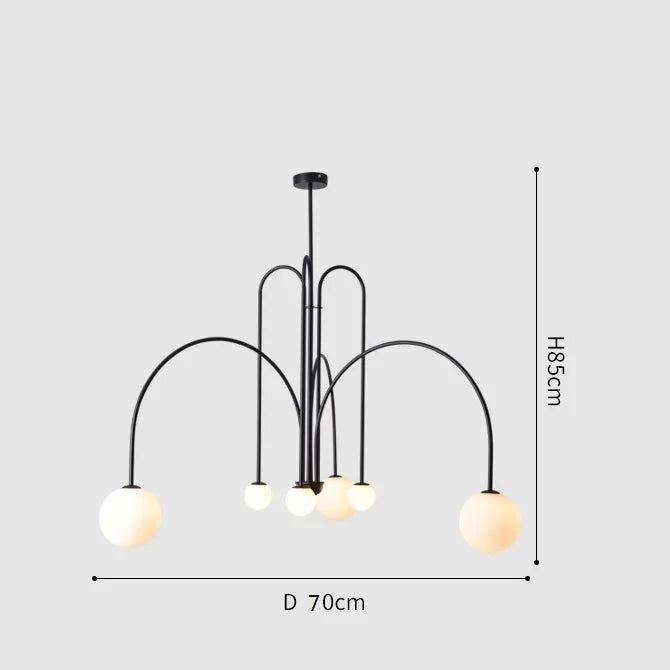 Pendelleuchte mit Opalglaskugeln an Bogenarmen in Schwarz, Breite 70 cm