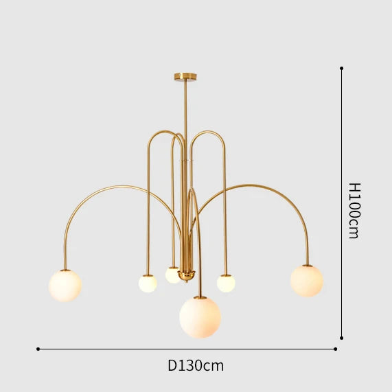 Pendelleuchte mit Opalglaskugeln an Bogenarmen in Gold, Breite 130 cm