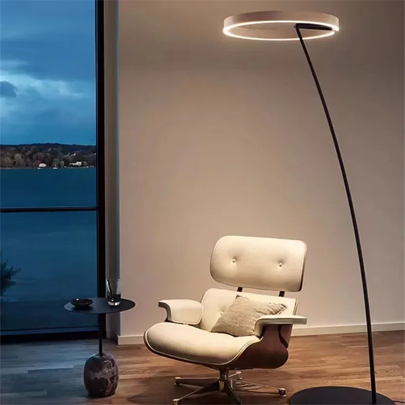 Bogen-Stehleuchte aus Metall mit LED-Ring im Loft-Stil für Wohnzimmer und Esszimmer