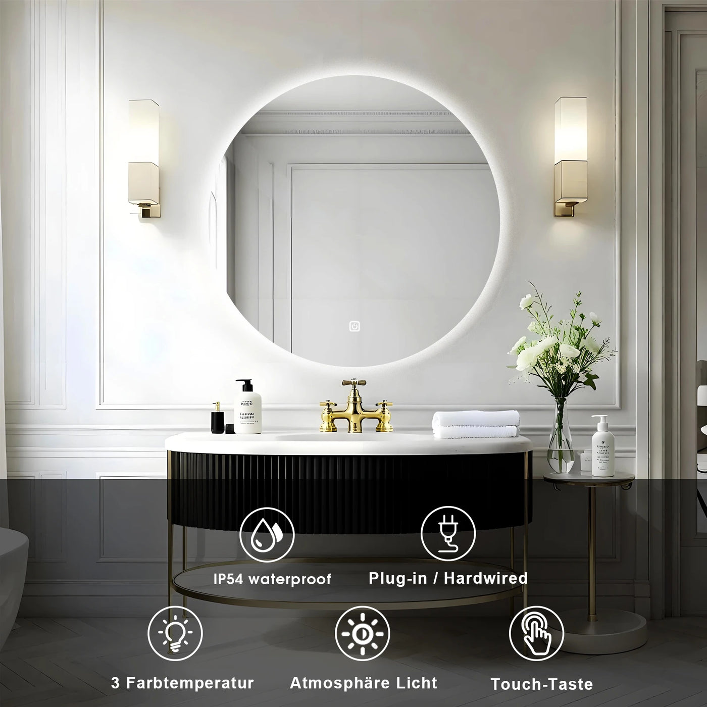 Round LED Bathroom Mirror Electric Vanity Mirror Backlit Produktansicht