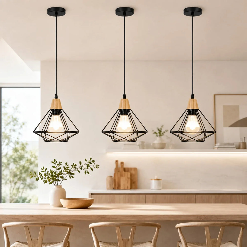 Käfig-Pendelleuchte aus Holz und Eisen im Industrial-Stil für Esstisch und Gastronomie – Produktansicht 2
