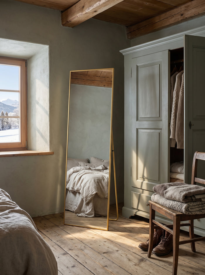 Goldener Ganzkörperspiegel auf Ständer in einem Bauernhaus-Schlafzimmer mit Wintersonne