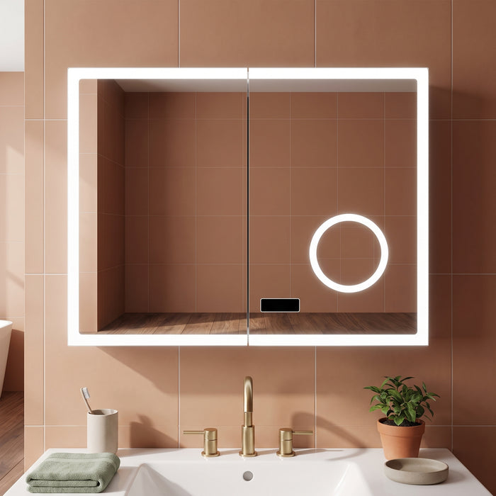 LED Bathroom Mirror with Watch, 3 Light Colors, Dimming, in einem hellen Wohnraum