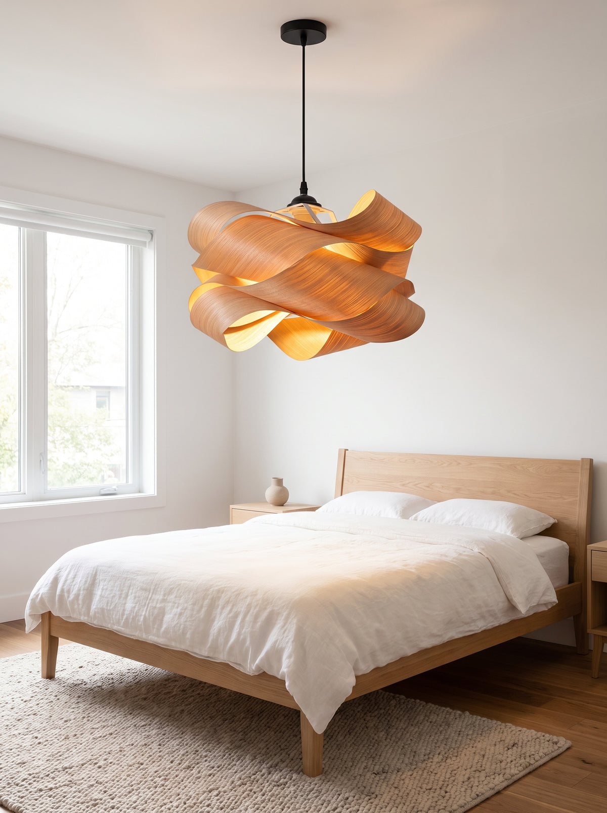 Holz-Pendelleuchte mit unregelmäßigem Schirm im zeitgenössischen Stil, Raumansicht