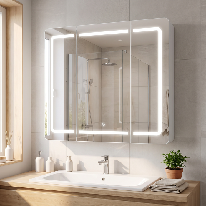 Weißer LED-Spiegelschrank dreitürig über Waschtisch im Badezimmer