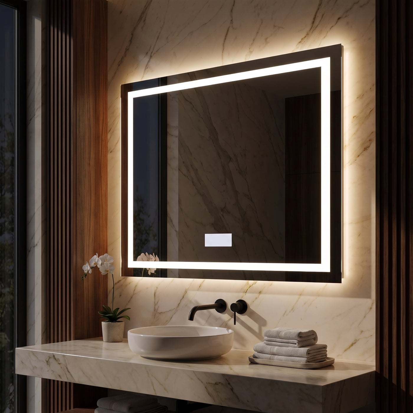 XXL Bathroom Mirror Smart LED Vanity Mirror Wall Mounted mit eingeschalteter LED-Beleuchtung am Abend