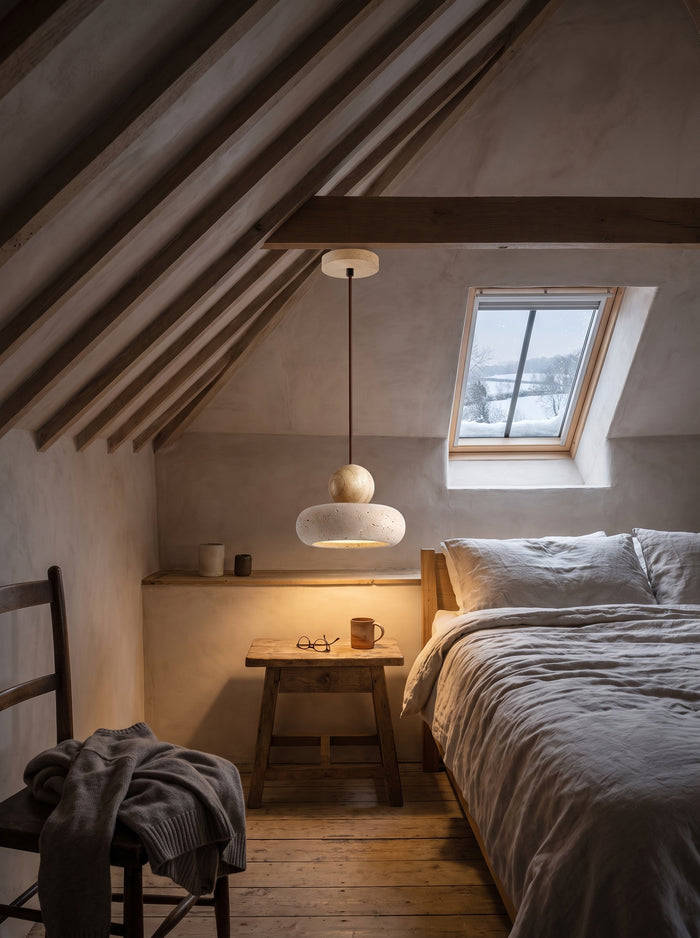 Pendelleuchte aus Achat und Naturholz neben dem Bett in einem Dachschlafzimmer