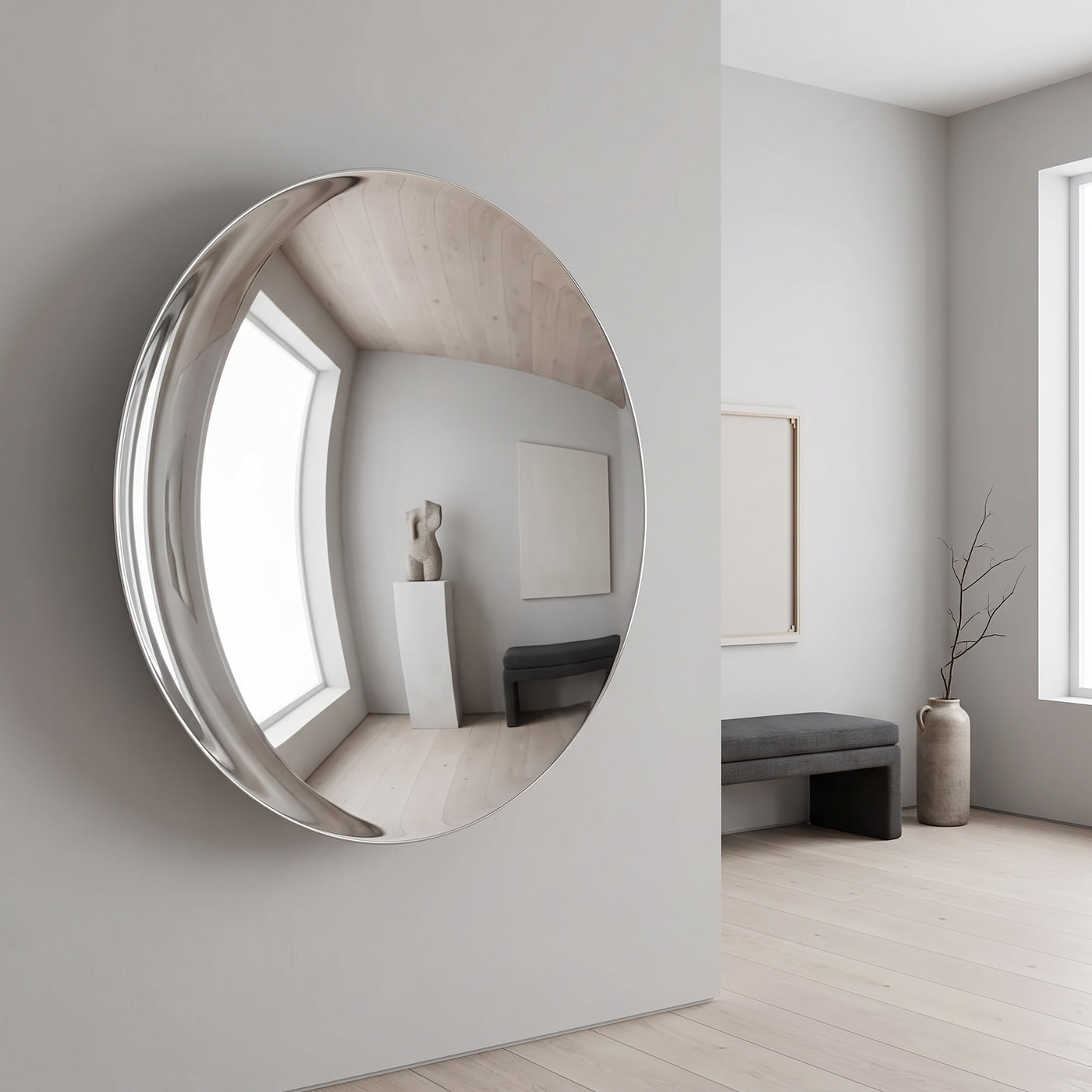 Stainless Steel Concave Mirror Wall Decoration, Sky in einem hellen Wohnraum