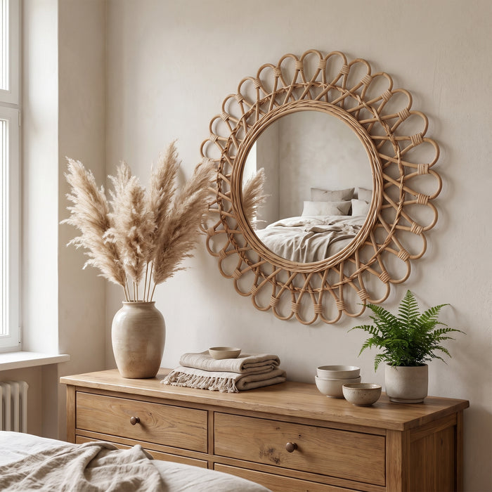 Rattan-Wandspiegel im Boho-Stil über der Schlafzimmer-Kommode