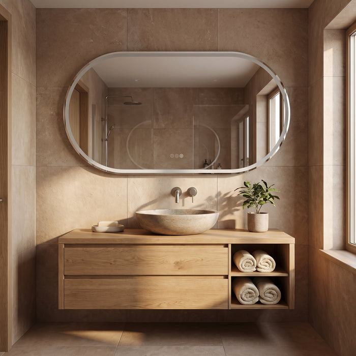 Backlit Smart LED Bathroom Mirror: Oval Dimmable 3 Colors in einem hellen Wohnraum