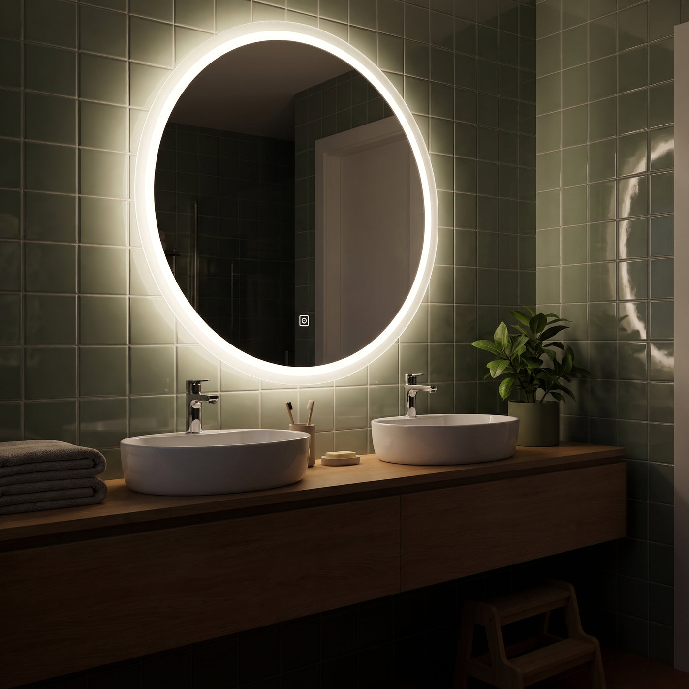 Round LED Bathroom Mirror Electric Vanity Mirror Backlit mit eingeschalteter LED-Beleuchtung am Abend