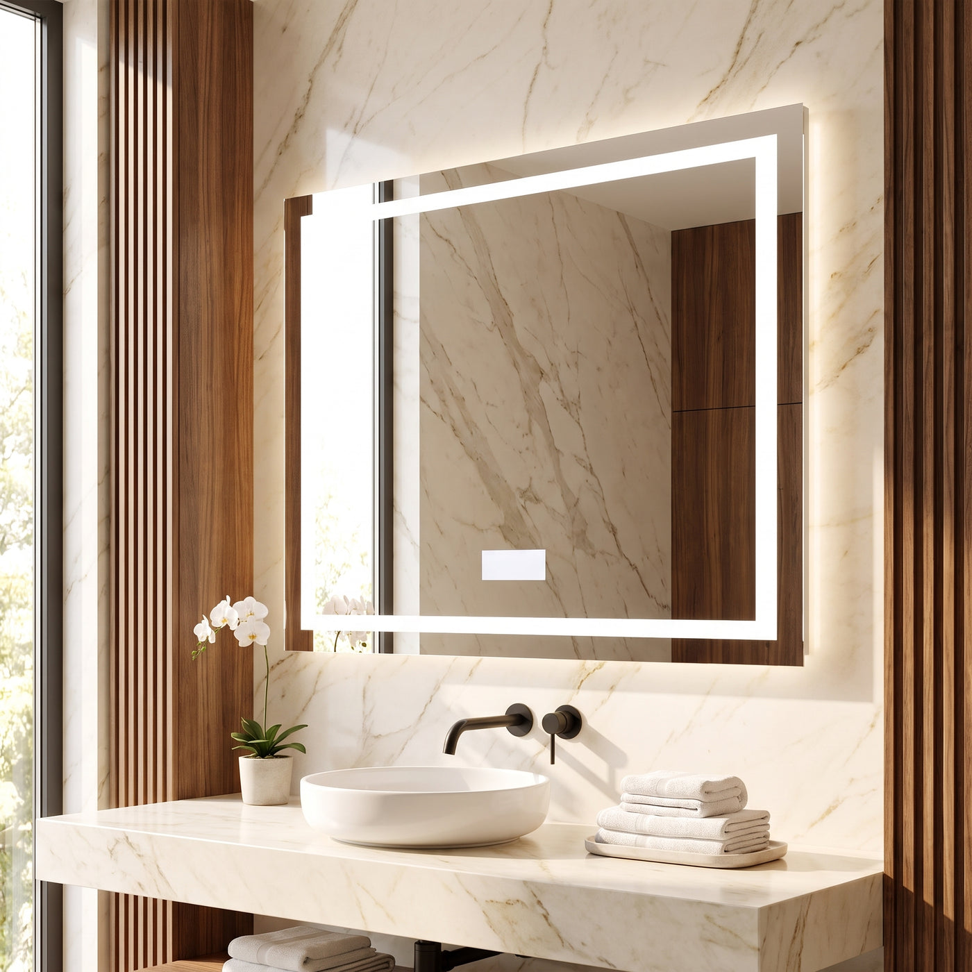 XXL Bathroom Mirror Smart LED Vanity Mirror Wall Mounted in einem hellen Wohnraum