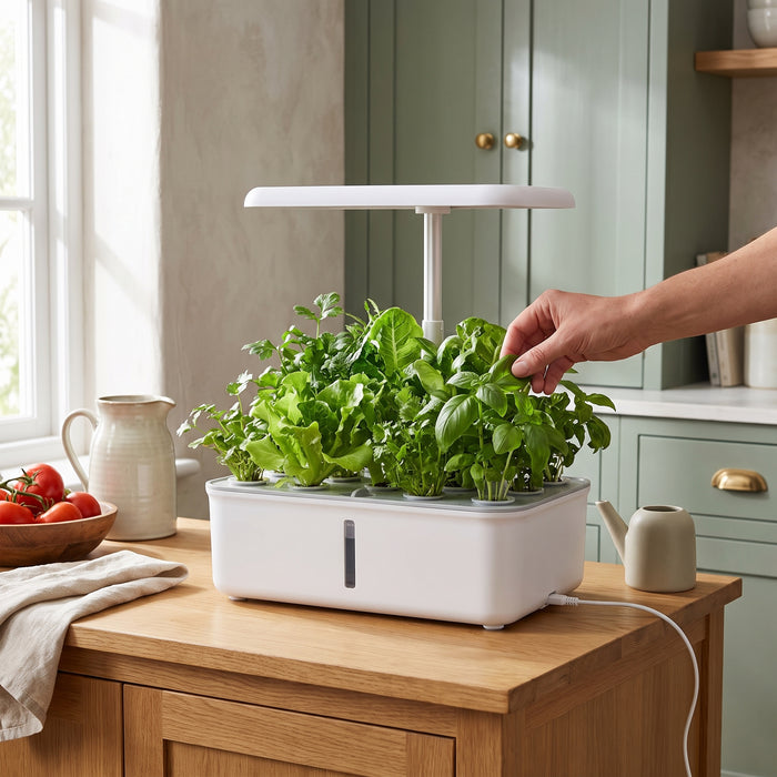 Tuya Wifi Hydoponics Growing System with LED Grow Light in einem hellen Wohnraum