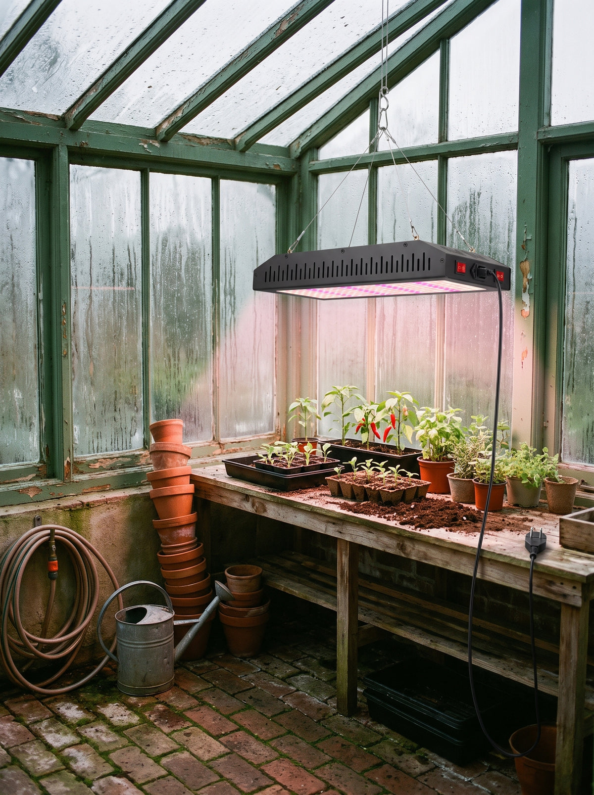 LED-Pflanzenlampe Vollspektrum — verglaster Wintergarten eines Altbaus