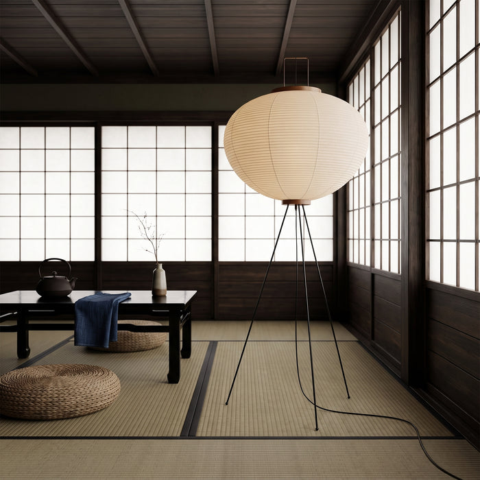 Japanese Retro Minimalist LED Floor Lamp Nordic Creative in einem hellen Wohnraum