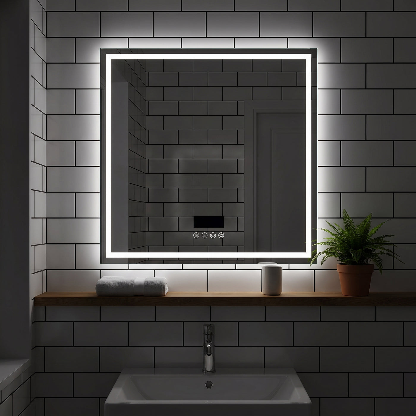 LED Bathroom Mirror 800mm Square Wall Mirror with mit eingeschalteter LED-Beleuchtung am Abend