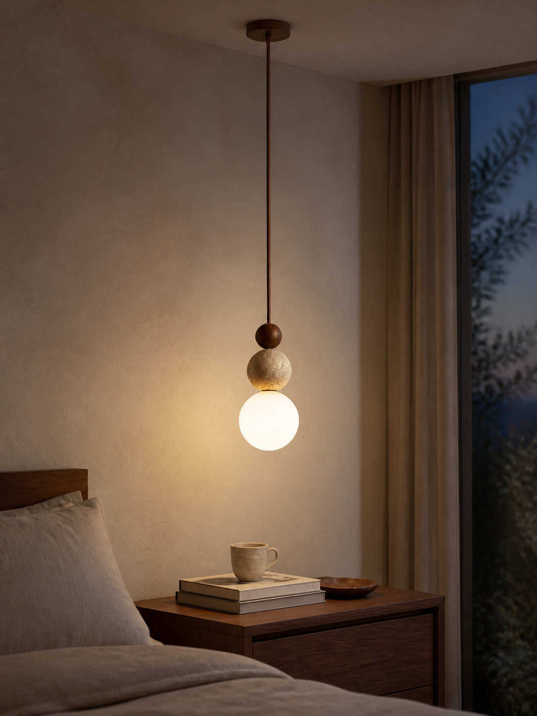 Luma Pendelleuchte in dunklem Nussbaum-Farbton mit heller Dekorkugel und warm leuchtender Kugel neben einem Bett