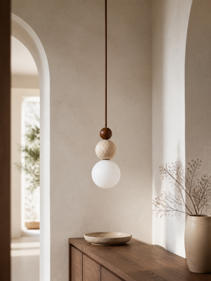 Luma Pendelleuchte in Nussbaum mit heller Dekorkugel in einem hellen Flur