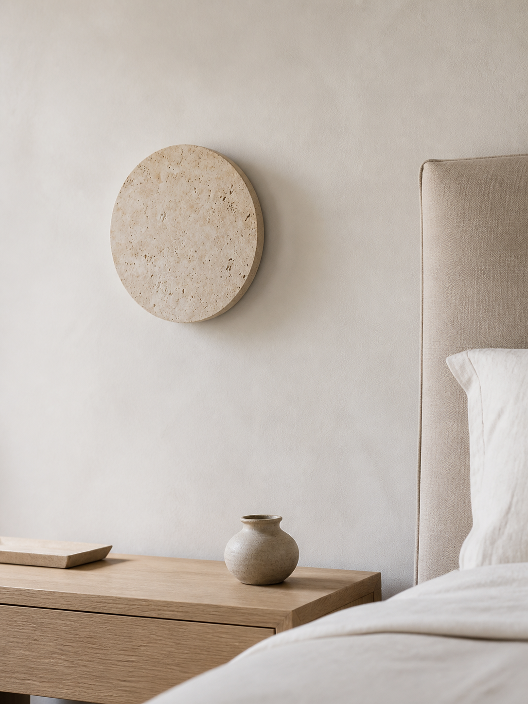 Runde Wandleuchte aus hellem Travertin neben einem Bett bei Tageslicht