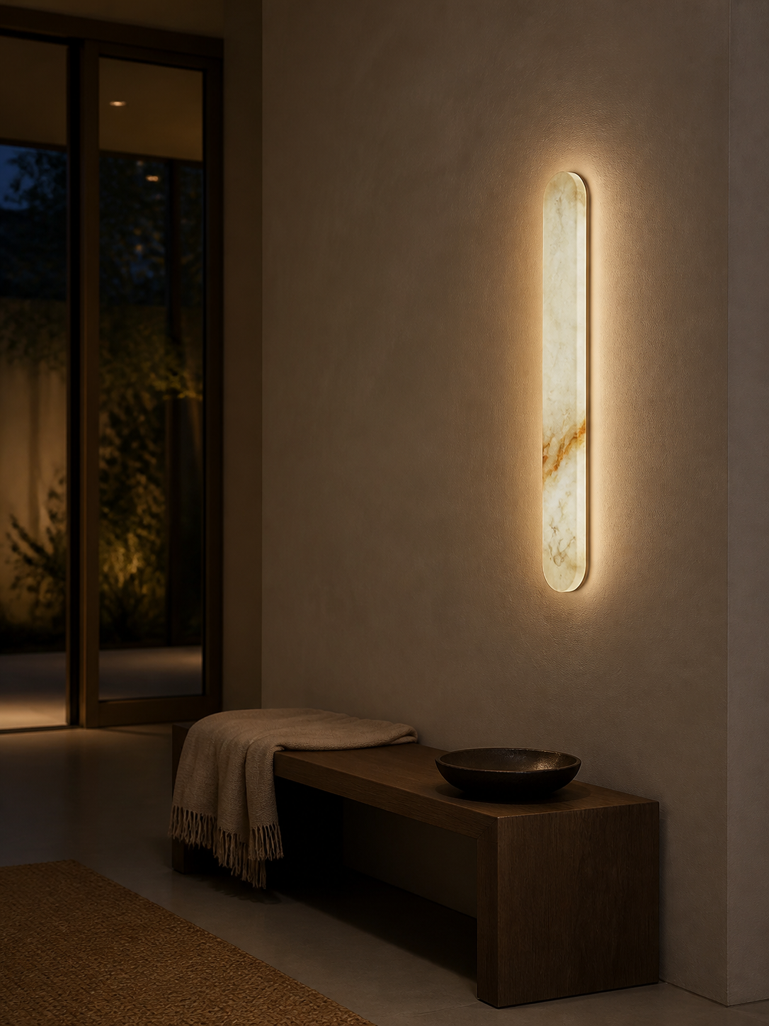 Schlanke helle Wandleuchte in Pillenform mit warmem Licht im Eingangsbereich